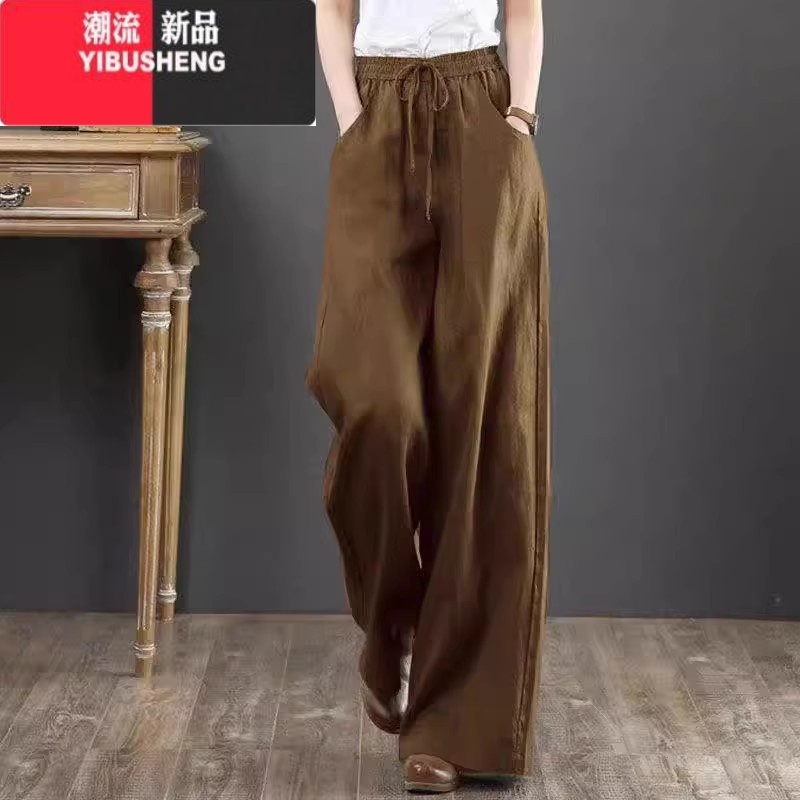 YIBUSHENG纯亚麻大码阔腿裤女休闲松紧腰棉麻春女装长裤宽松垂感直筒裤紧 M建议90-105斤 咖色长裤