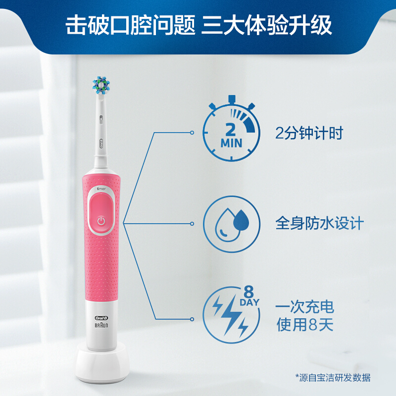 [2D高阶版]博朗 欧乐B(Oral-B)电动牙刷成人充电式旋转式牙刷头2D声波震动牙刷 樱花粉D100