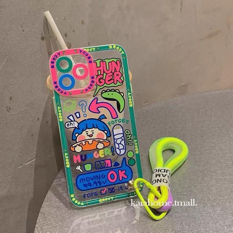 日韩卡通涂鸦女孩iPhone12promax苹果11手机壳x/xs/xsmax硅胶8p套 吃面包女孩+彩色挂绳 收藏关注