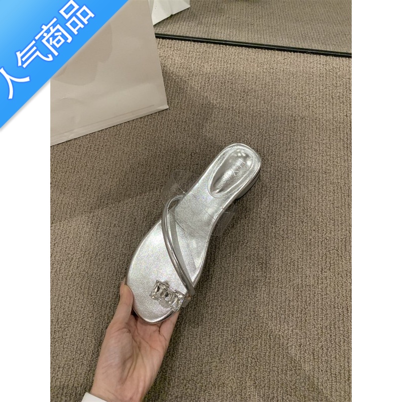 SUNTEK气质凉拖外穿女鞋子2023年春夏新款低跟水钻透明一字带银色凉质高清大图