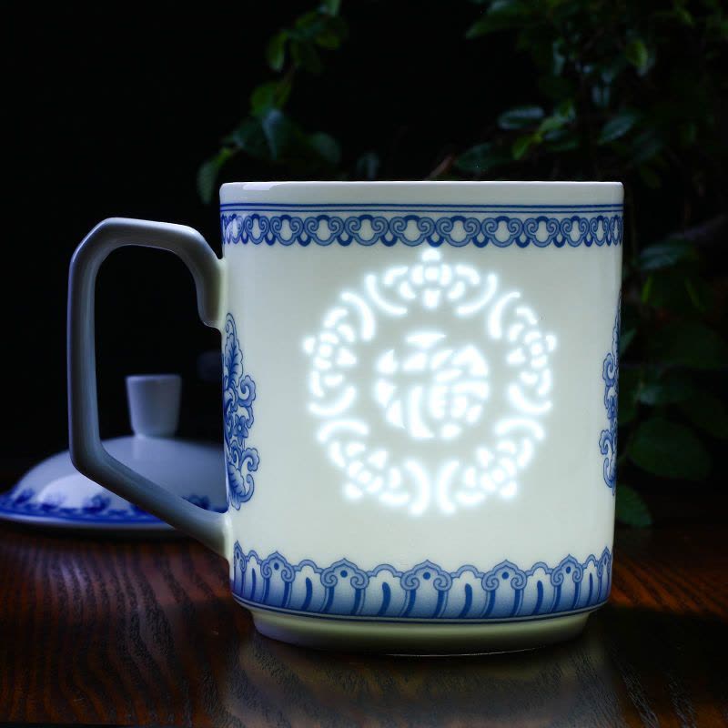 青花 玲瓏盃 茶盃 家用茶杯带盖办公室杯子景德镇青花玲珑茶杯陶瓷
