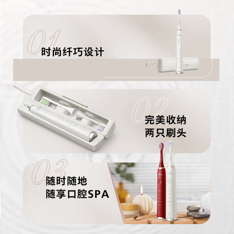 飞利浦(PHILIPS)电动牙刷成人 声波震动牙刷SPA刷按摩刷头清洁亮白护龈5种模式 白色HX2491/01
