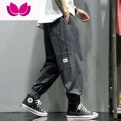 七斓秋季亚麻工装裤子男士韩版潮流百搭九分夏天棉麻宽松冰丝休闲长裤 深灰 L