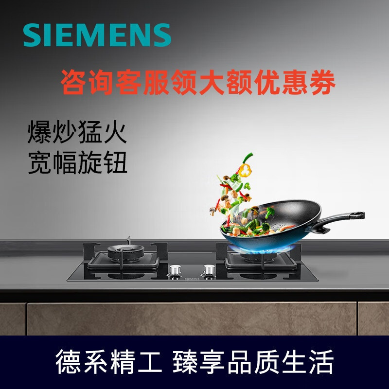 西门子ER7JGA23MP燃气灶 天然气灶4.5kW大火力双灶灶具台嵌两用灶台 钢化玻璃面板猛火高效蒸饭柜