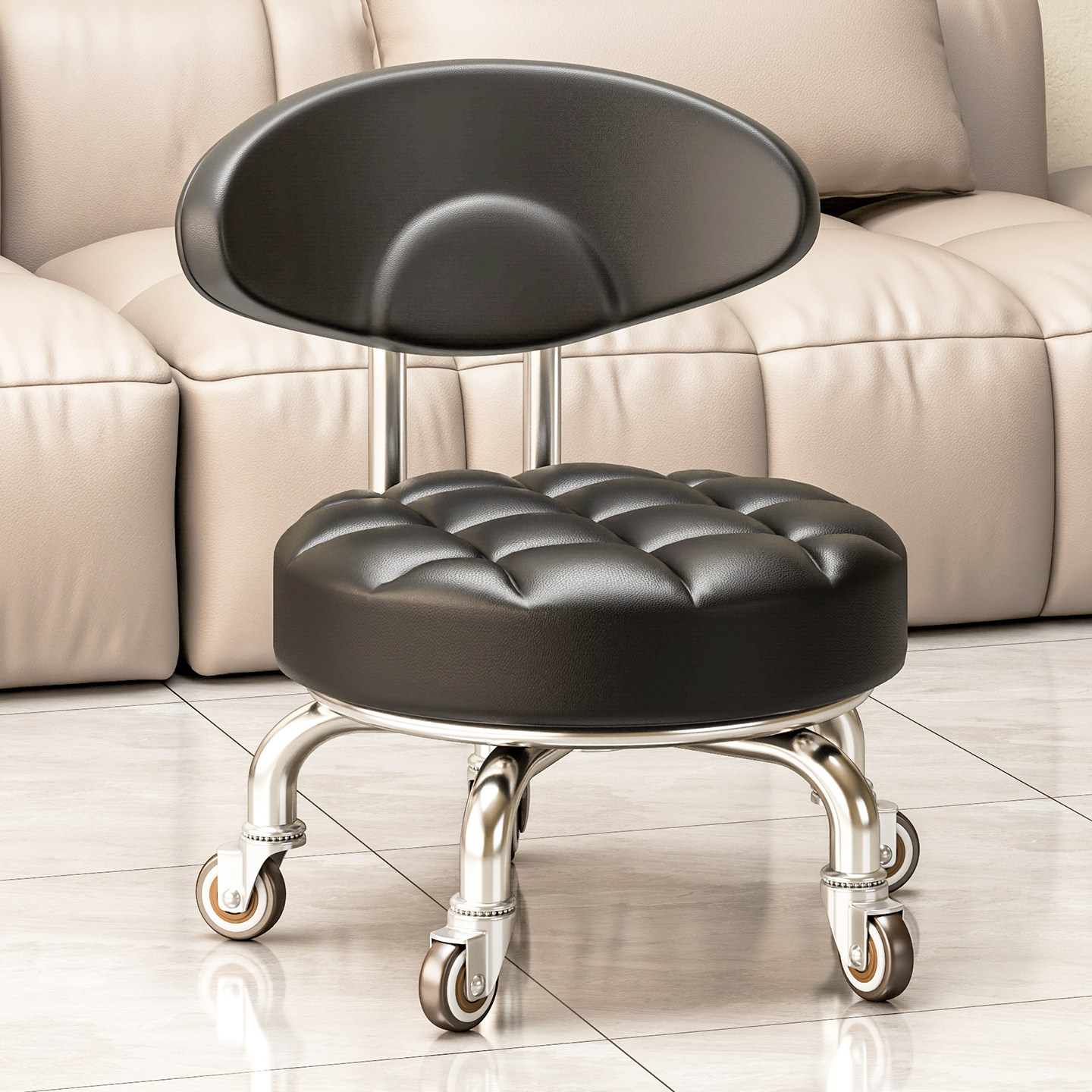 册宣 万向轮小凳子(软包款) 水波纹、轴承静音轮、黑色 32cm*52cm高清大图