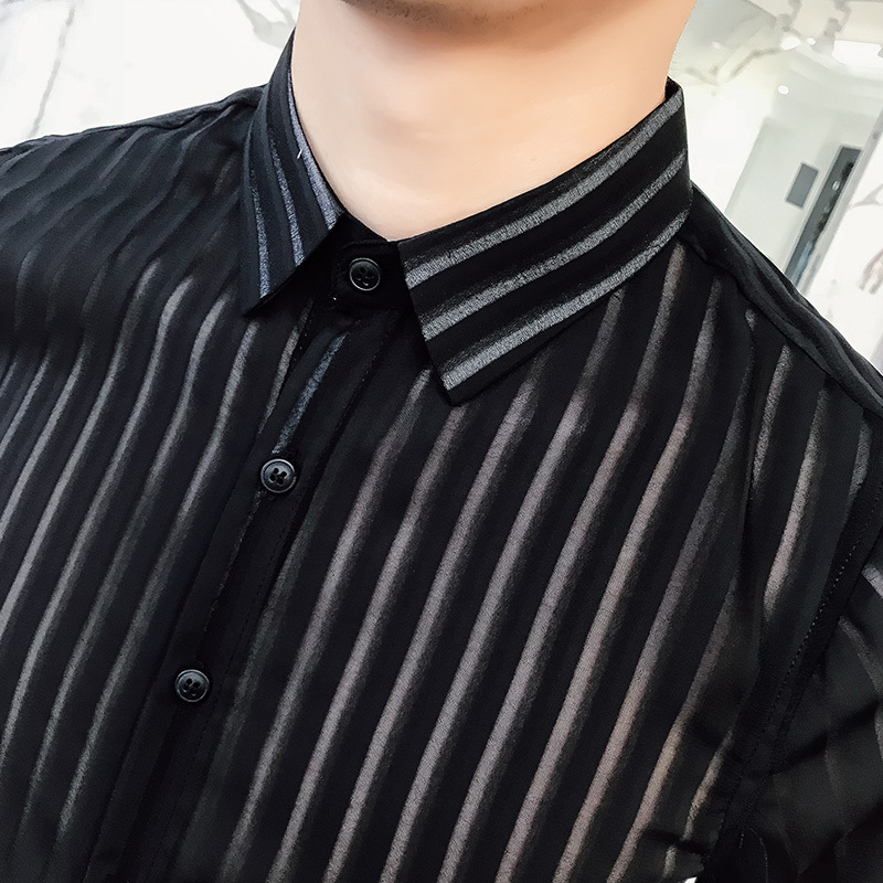 2018春夏黑色条纹七分袖衬衫男修身日系复古型男半袖打底衫男夜店