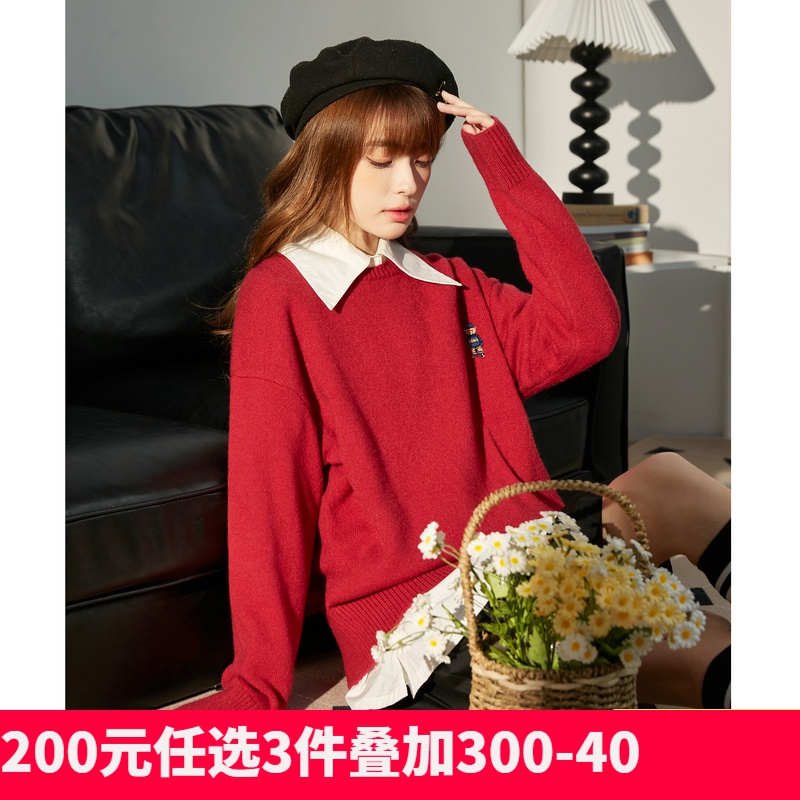 [2.5折价74元]唐狮新款宽松套头毛衣女卡通小熊圆领针织衫女刺绣减龄上衣秋
