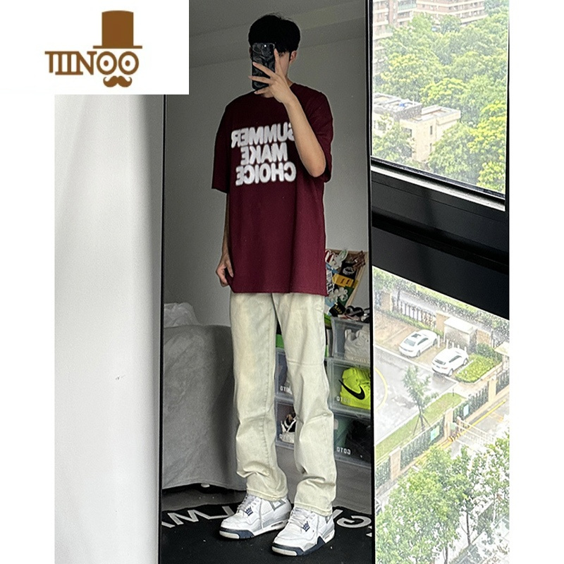 YANXUcleanfit水洗黄泥牛仔裤男修身直筒美式复古vibe裤子高街微喇长裤