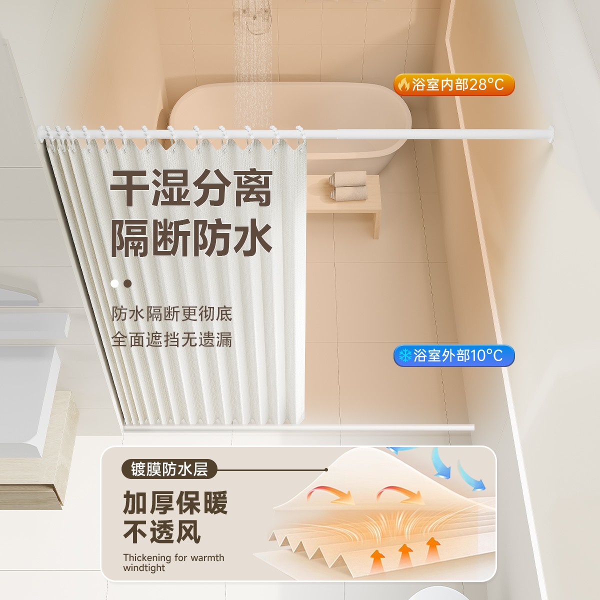 苏淑 浴室叠浴帘免打孔 双磁:奶油白[帘+黑伸缩杆+黑珠环扣+黑挡水条]适用墙宽150-170cm(帘宽2米高2米)高清大图