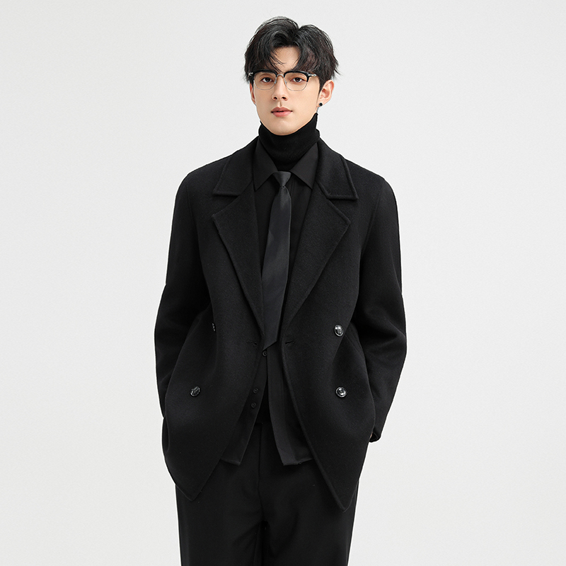 啄木鸟双面羊毛外套男冬季新款西装加厚短款风衣毛呢大衣呢子西装高清大图