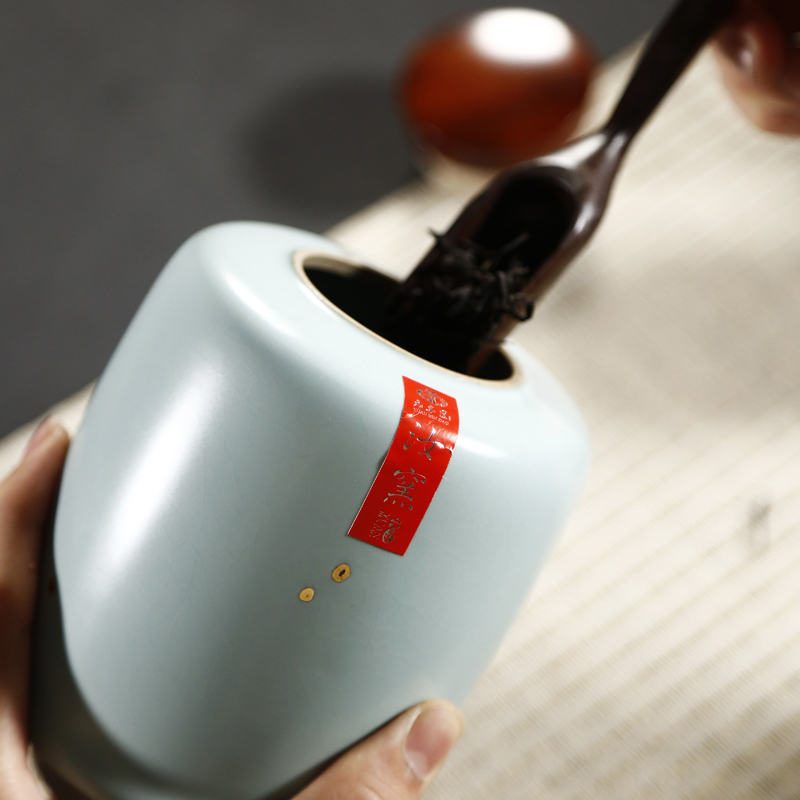 戴云品格 原矿汝窑茶叶罐开片正品汝瓷茶仓茶罐家用功夫茶具礼品 天青手工描金桐馨茶叶罐