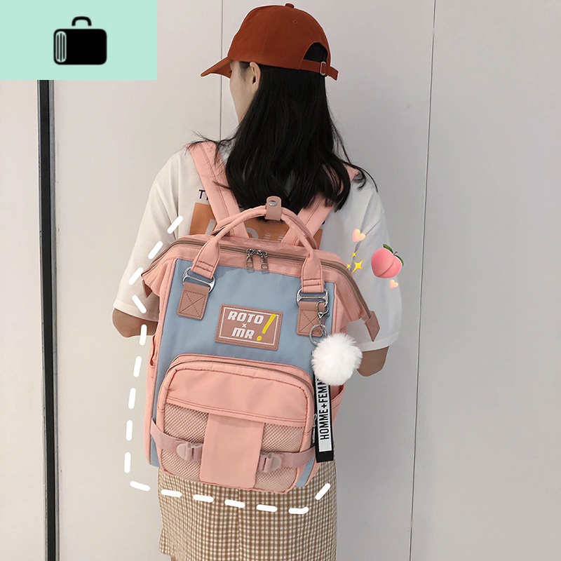 书包韩版原宿ulzzang女中学生初中生高中大学生ins风双肩背包百搭NEWLAKE 粉红色【带毛球挂件】
