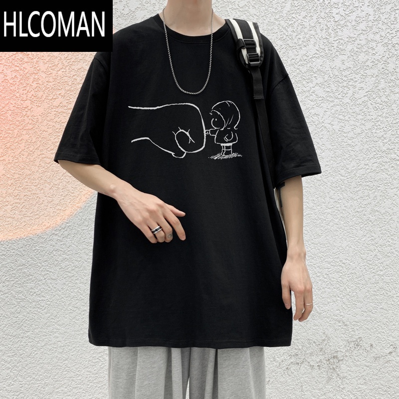 HLCOMAN青少年短袖t恤男夏季胖子大码宽松半袖oversize港风圆领体恤