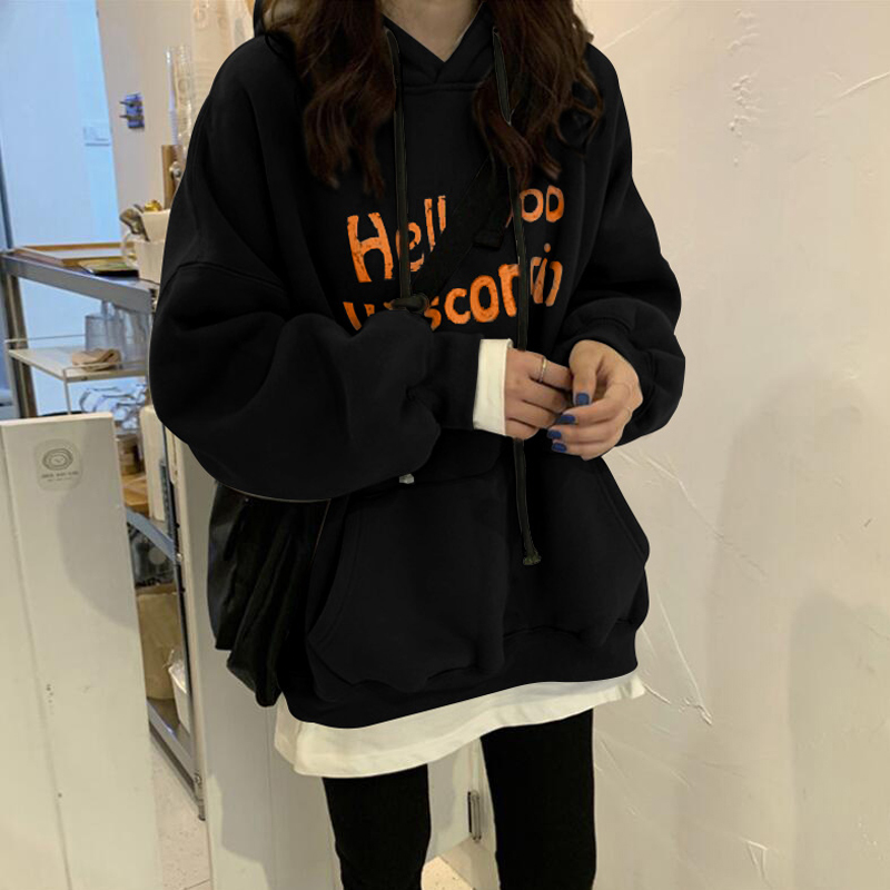加绒加厚卫衣女秋冬宽松潮韩版学生闺蜜装日系古着戴帽子上衣外套卫衣