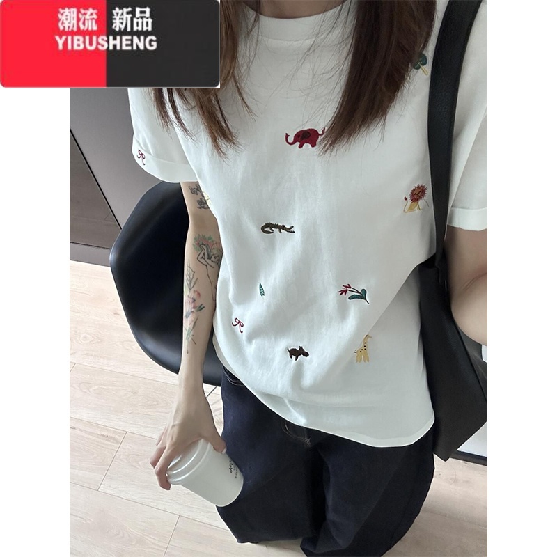 YIBUSHENG可爱趣味动物刺绣圆领正肩显瘦短袖T恤女季白色设计感小众上肩高清大图