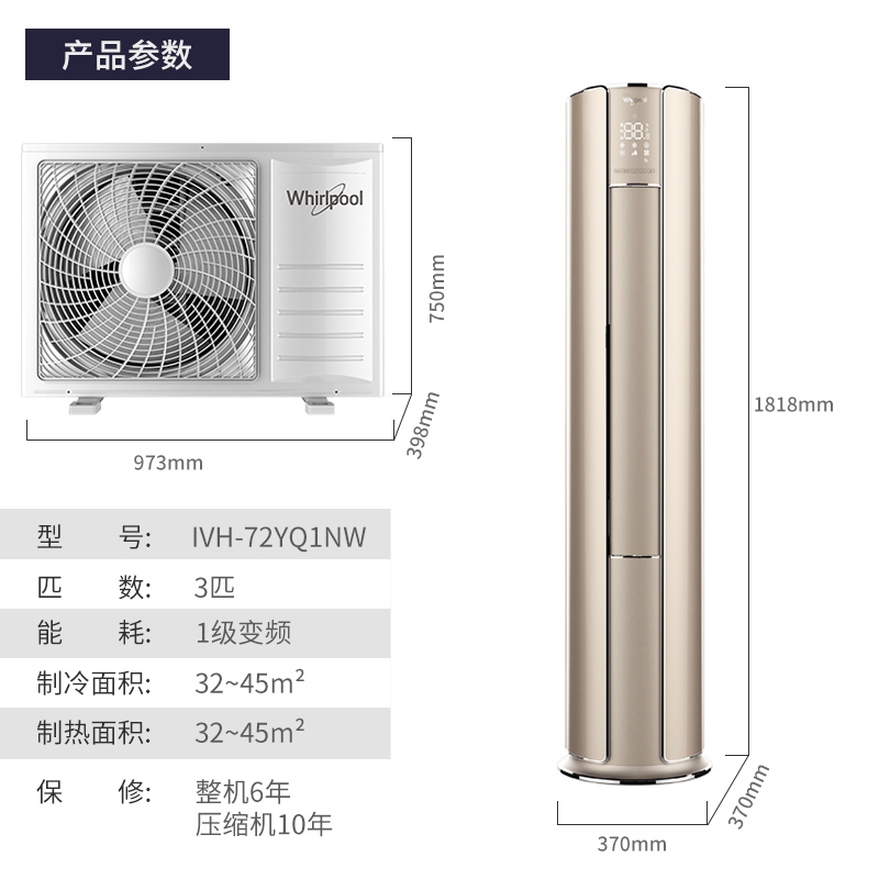 惠而浦(Whirlpool) 3匹 变频 智语 新1级 智能语音温湿调节自清洁 3P冷暖 柜机空调IVH-72YQ1NW高清大图