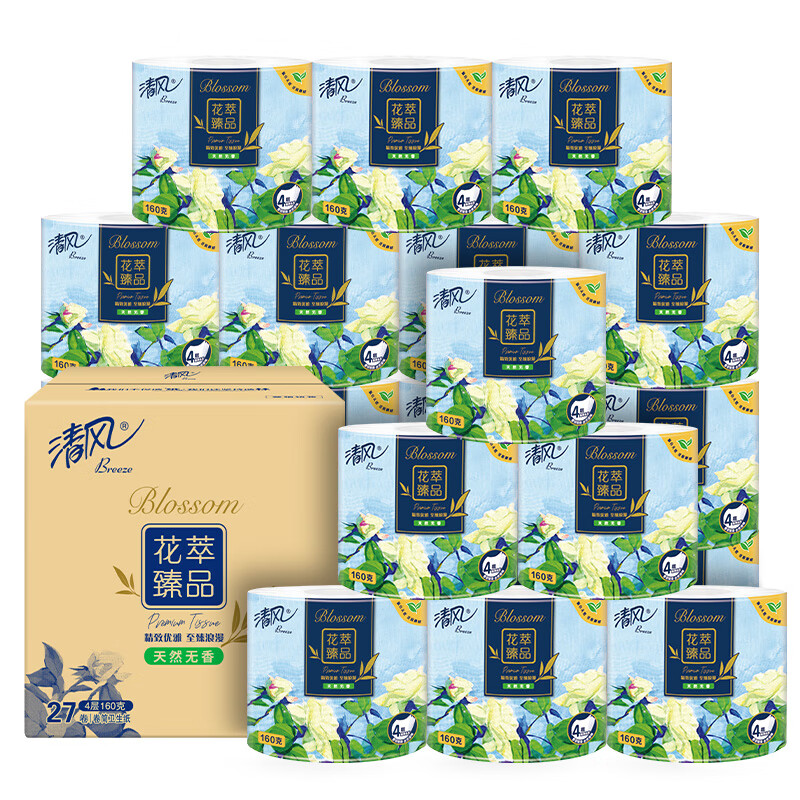 清风 花萃臻品卷筒卫生纸4层200克27卷卷筒纸卫生纸家庭卫生纸 B20GKHC27E高清大图