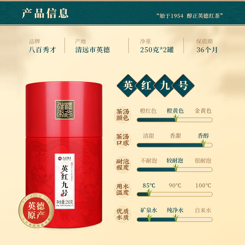八百秀才红茶英德红茶英红九号一级功夫红茶送礼大份量口粮茶罐装 500g高清大图