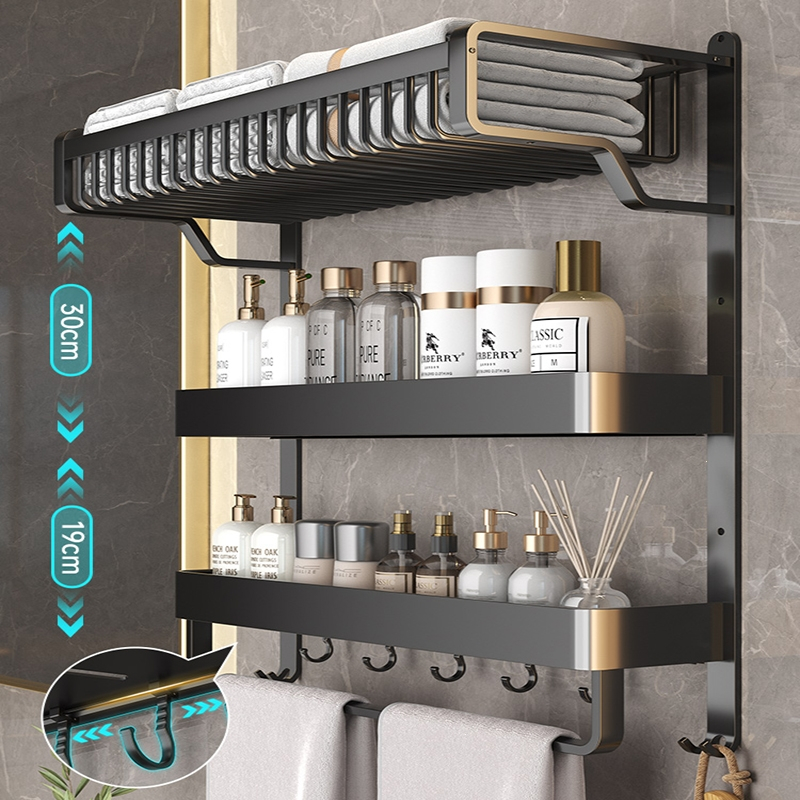 闪电客毛巾架卫生间置物架一体免打孔太空铝洗手间浴室壁挂式厕所浴巾