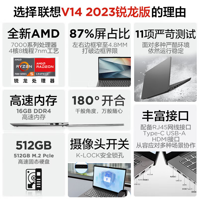 联想(Lenovo)扬天V14 14英寸轻薄笔记本电脑(R5-7430U 16G 512G 固态硬盘 Win11防蓝光高清屏 丰富接口)商用家用办公学习高清大图