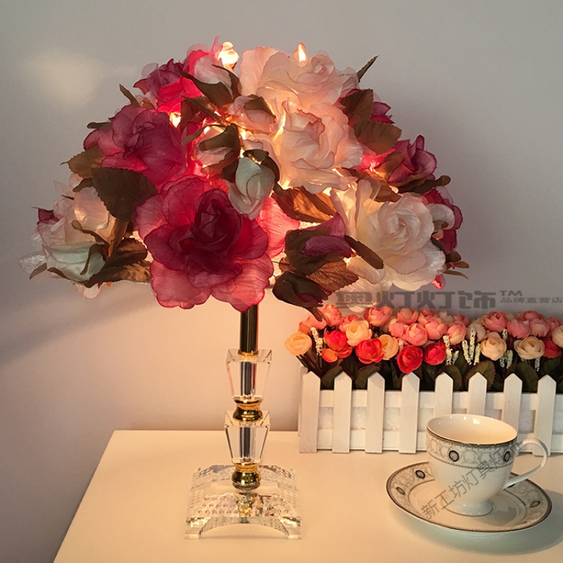 苏宁放心购水晶台灯结婚ins风创意婚庆公主婚房长明灯温馨卧室床头灯 水晶款-绢布花送LED暖光调光开关