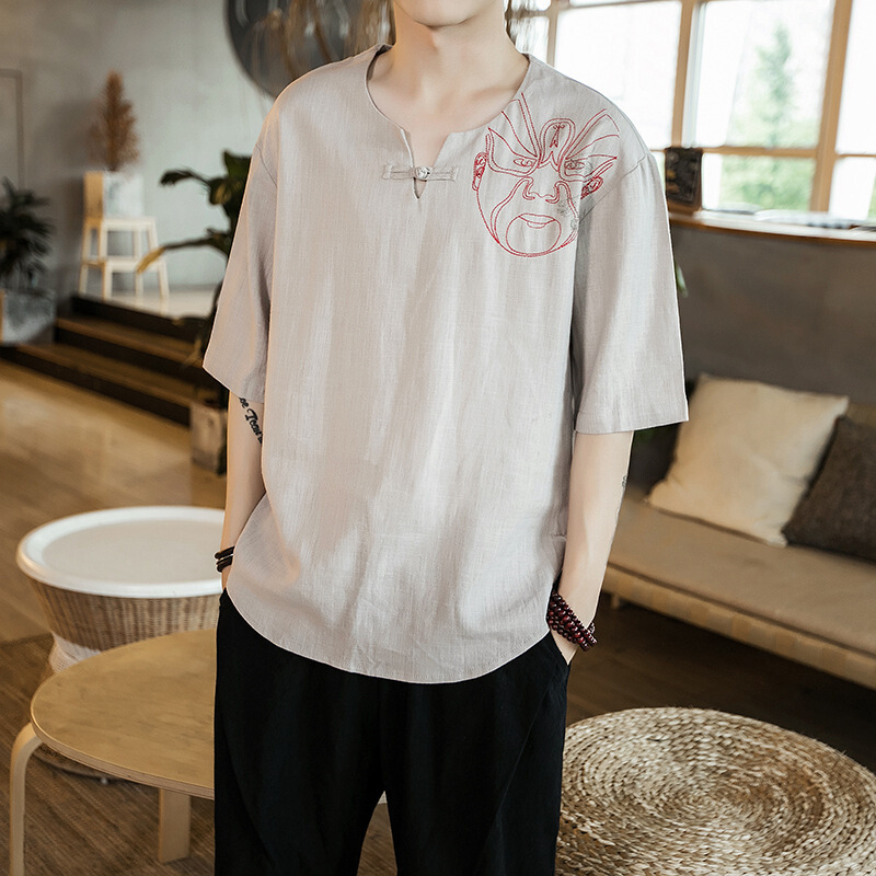 唐装男短袖夏季中式汉服中国风亚麻盘扣t恤棉麻宽松复古大码上衣