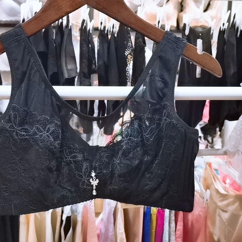 透视裸感蕾丝网纱美背心大胸显小水晶杯上托调整抹胸内衣 黑色 75b