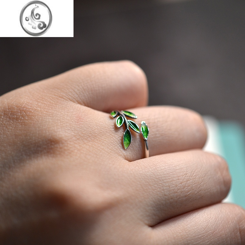 jimis925银饰怀旧复古景泰蓝绿色树叶女式银戒指古风开口戒配盒