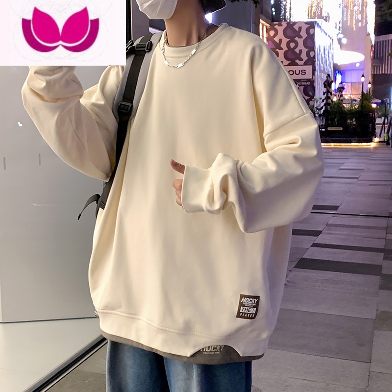 七斓假圆领卫衣男士2023新款ins潮牌男生长袖t恤男款男装杏
