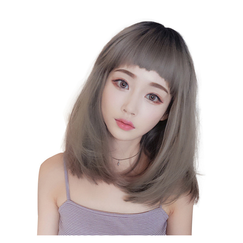 韩国时尚假发女奶奶灰狗啃刘海假发化纤头套支持定制齐刘海青木亚麻灰