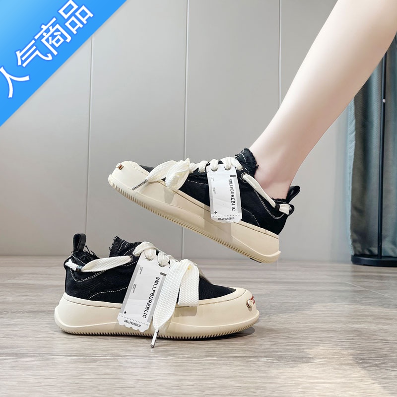 SUNTEK帆布鞋女新款网红同款开口笑小香风乞丐小白鞋时尚小众百搭休闲鞋高清大图