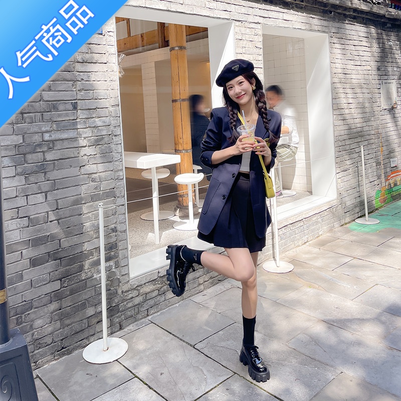 SUNTEK厚底松糕鞋刘雯同款2022内增高小码小皮鞋女英伦风漆皮乐福鞋单鞋高清大图