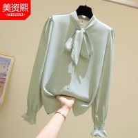 春秋雪纺衬衫气质时尚波点宽松韩范大码胖MM显瘦上衣 绿色纯色 XL【建议120-135斤左右】