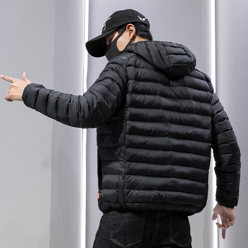 yuansu韩版潮男棉衣青年简约棉服学生轻薄羽绒棉外套保暖简单黑色棉袄