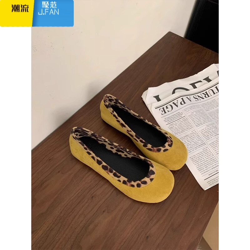 聚范皮版~复古圆头浅口单鞋配裙子平底芭蕾舞鞋一脚蹬百搭奶奶鞋女 黄色 35