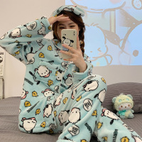 权小威 睡衣女士秋冬季长袖加绒加厚可爱少女开衫家居服套装