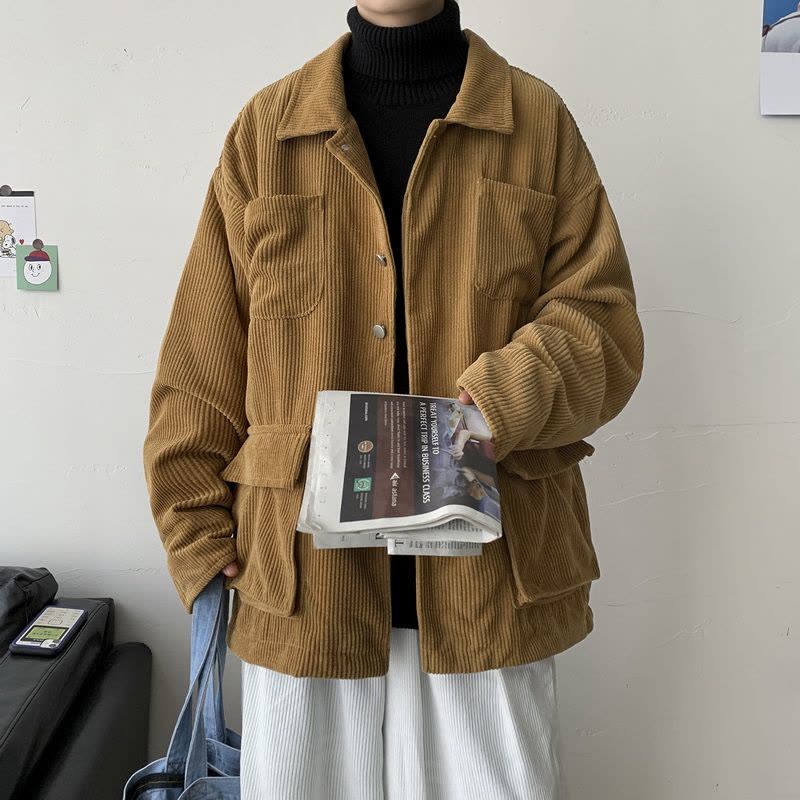 YUANSU粉色灯芯绒外套男秋冬款机能风工装夹克盐系男日系情侣高级感上衣夹克图片