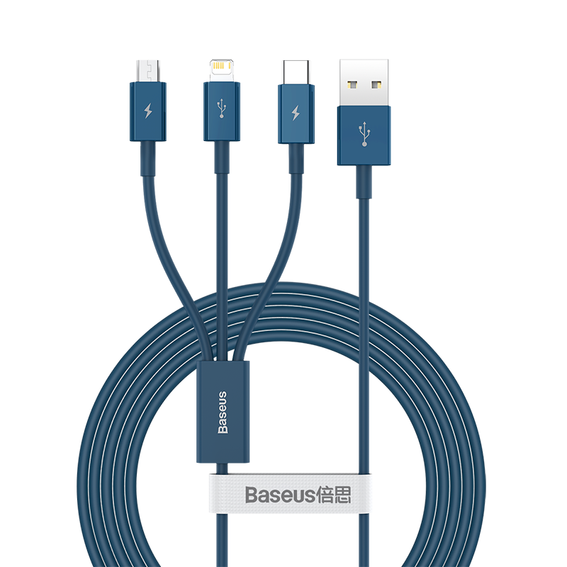 倍思 优胜系列 一拖三快充数据线 USB to M+L+C 3.5A规格:1.5m 蓝色