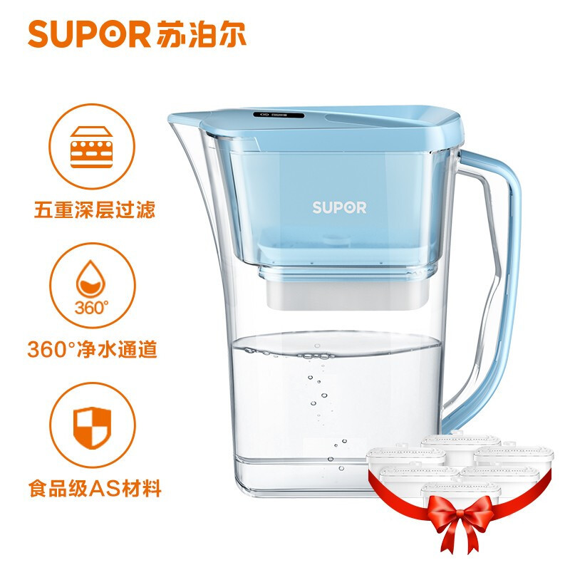 苏泊尔(SUPOR)过滤净水器 家用滤水壶 自来水过滤器净水壶 J-UF01(蓝色)一壶六芯