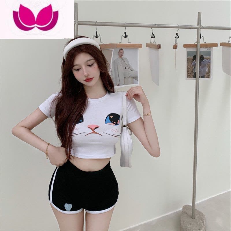 七斓2022新款卡通猫咪纯欲风甜辣T恤女装短款紧身辣妹短袖ins潮流上衣图片