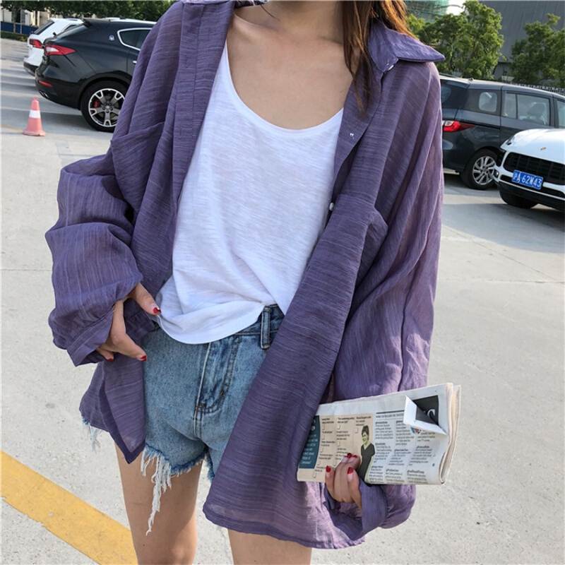 复古衬衫夏装2018新款韩版宽松慵懒风网红长袖防晒上衣女白色均码