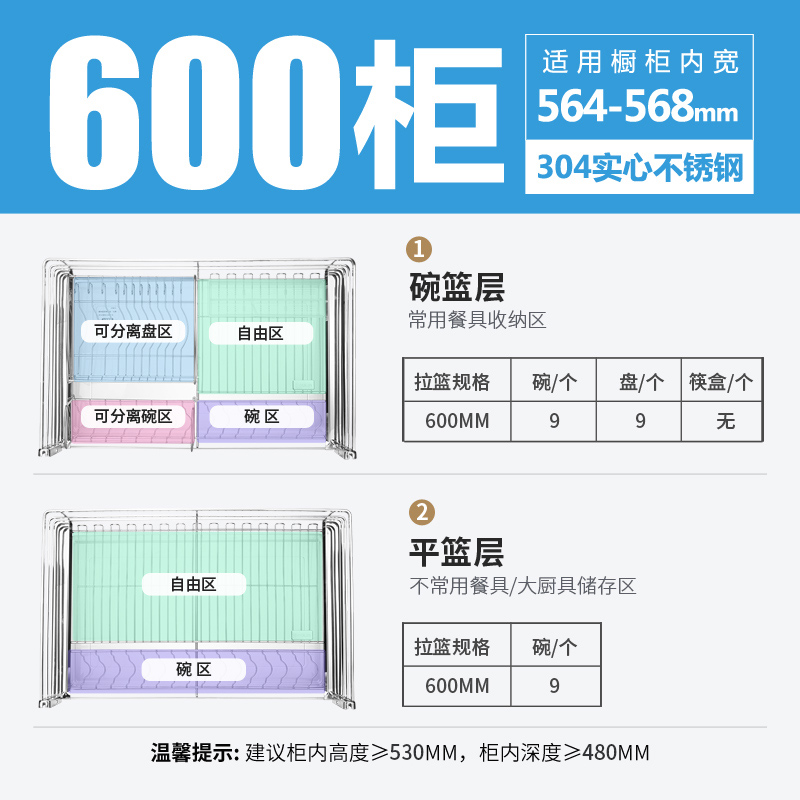 欧琳（OULIN）魔立方 新概念304不锈钢厨房收纳拉篮 双层抽屉式碗碟架平篮厨房橱柜碗架 304可拆卸双接水盘 600柜体（OL-LWS211）