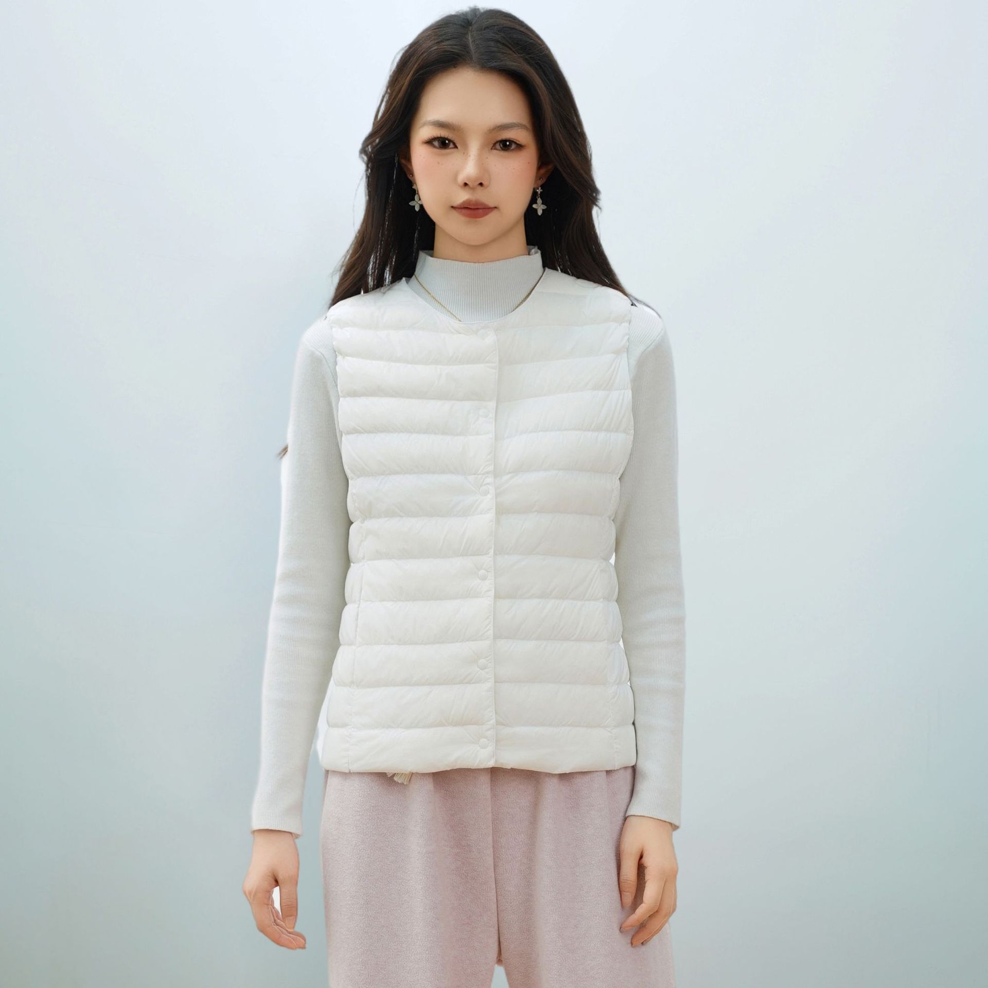 女式新国标90绒新款女装圆领V领轻便羽绒服背心羽绒马甲 纯白色 XXXL