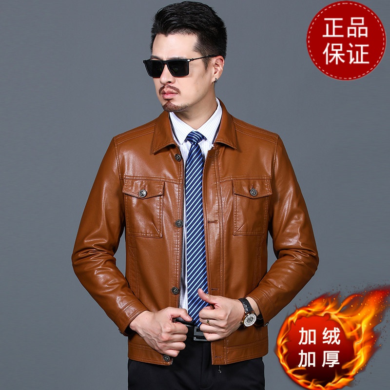 免费试穿青年男士皮衣短款外套潮流休闲皮夹克胸口袋单排扣子款加绒保暖衣2021冬装新款外套_428 180 黄色加绒