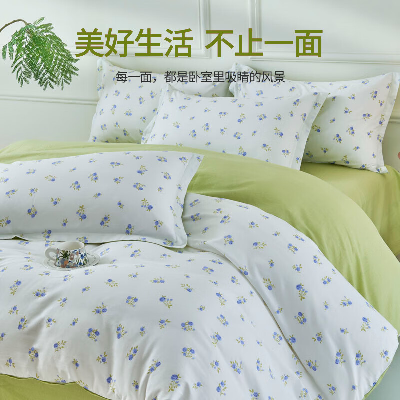 罗曼罗兰全棉四件套 淡妆初夏 蓝-4751704床单款(被套200*230cm)
