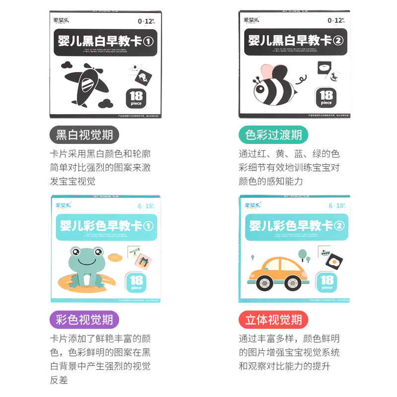 黑白卡片婴儿早教宝宝视觉激发闪卡彩色玩具0-3个月1岁半 早教卡黑白+彩色[4盒]+多功能六面体高清大图