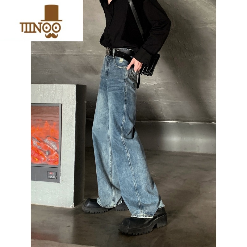 YANXU/时髦做旧复古水洗牛仔裤男直筒宽松高腰小众设计感裤小小高清大图