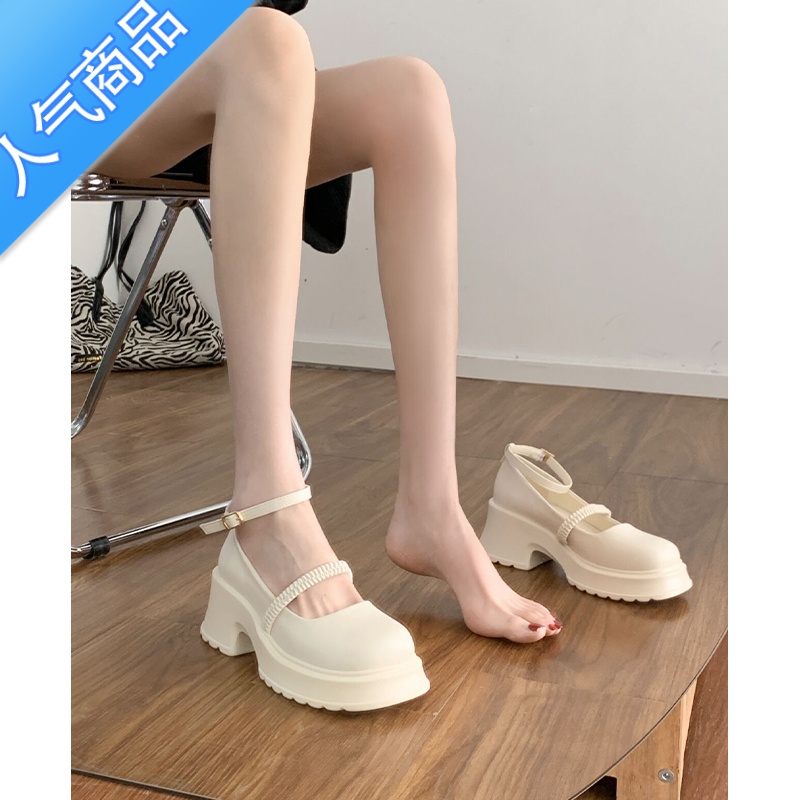 SUNTEK白色玛丽珍高跟鞋女夏季一字带粗跟厚底圆头小皮鞋小个子包头凉鞋高清大图