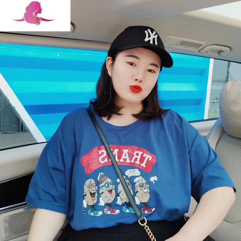 艳如飞200斤胖mm夏季新款加肥加大码女装休闲短袖宽松遮肉卡通印花T恤衫休闲运动套装
