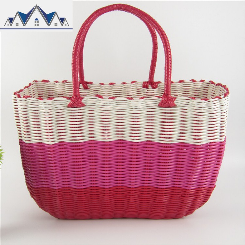 塑料编织购物篮手提菜篮子宠物框买菜洗澡篮浴室藤编浴筐收纳野餐 三维工匠收纳篮 玫红渐变特大号